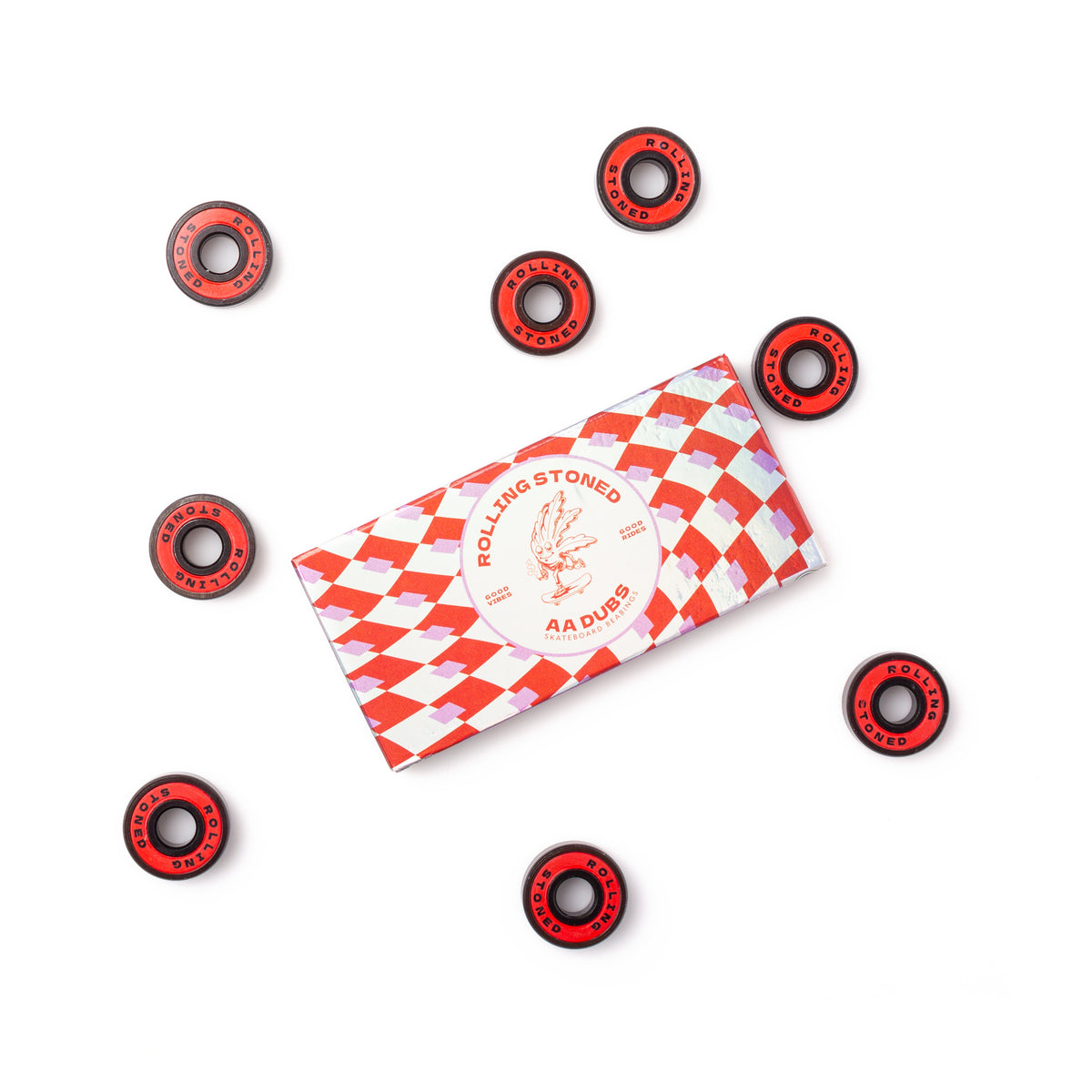 Rolling Stoned Skateboard Bearings — Rubber Shields, Pre-Lubricated, Set of 8 - Red