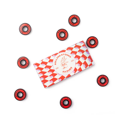 Rolling Stoned Skateboard Bearings — Rubber Shields, Pre-Lubricated, Set of 8 - Red