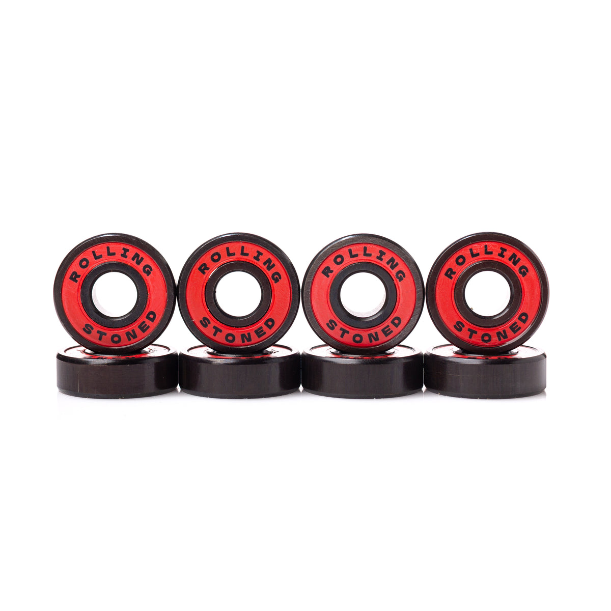 Rolling Stoned Skateboard Bearings — Rubber Shields, Pre-Lubricated, Set of 8 - Red
