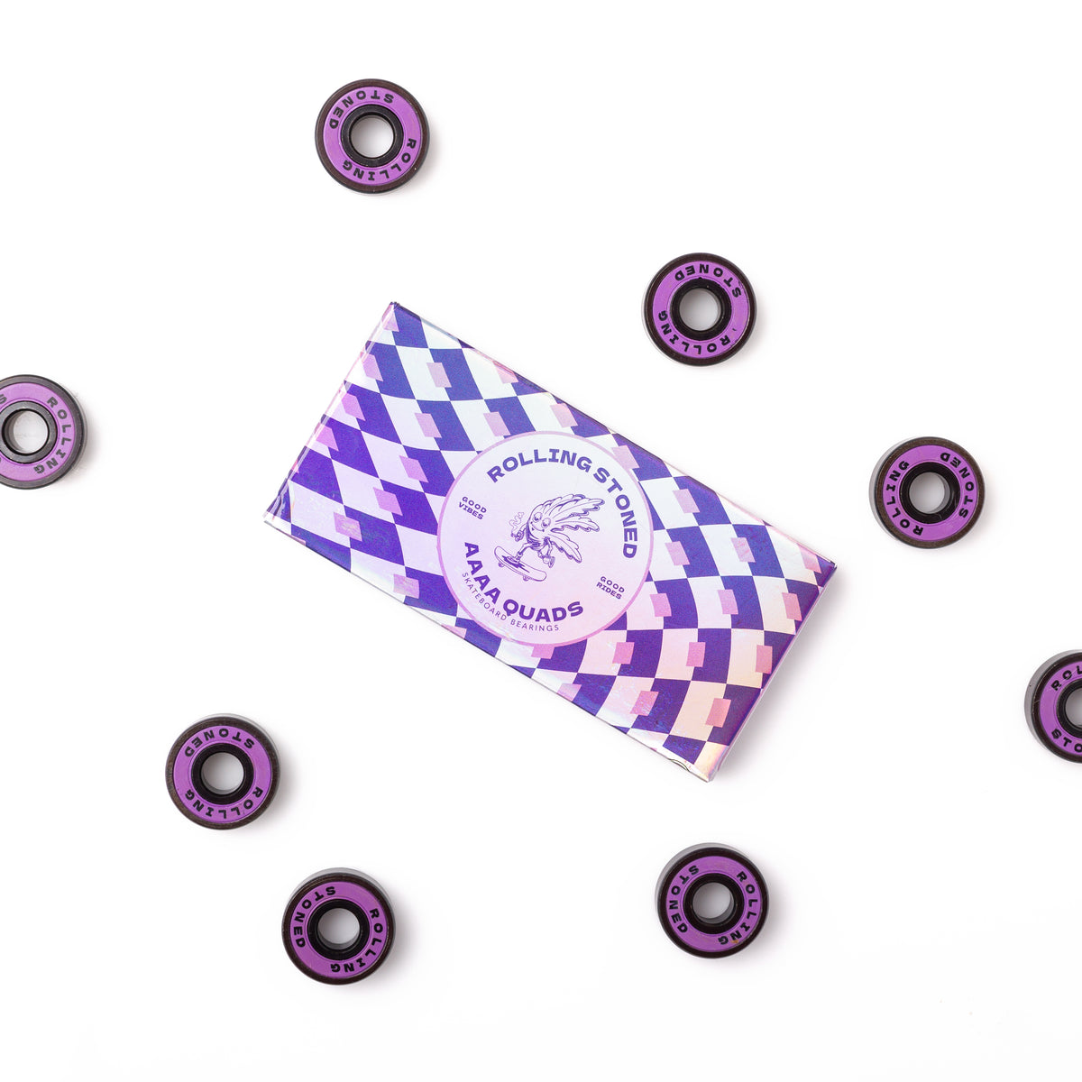 Rolling Stoned Skateboard Bearings — Rubber Shields, Pre-Lubricated, Set of 8 - Purple